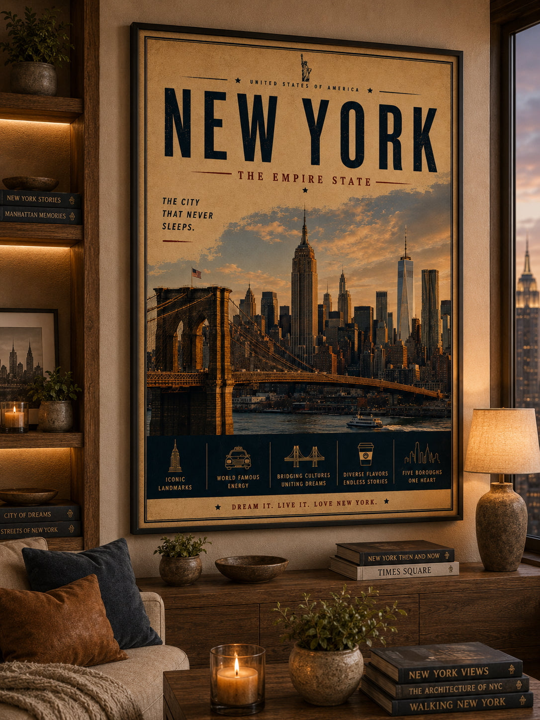 New York Travel Poster displayed in a modern living room.