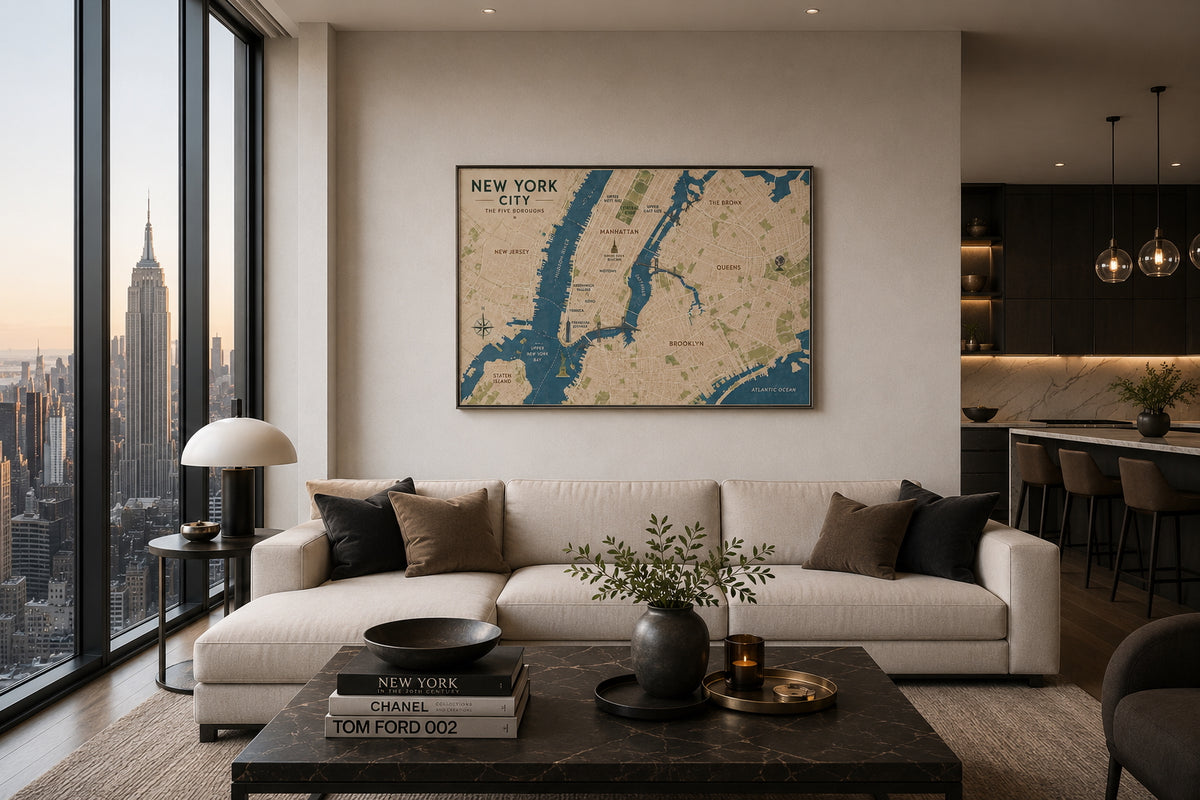 New York Map Poster displayed in a modern living room.