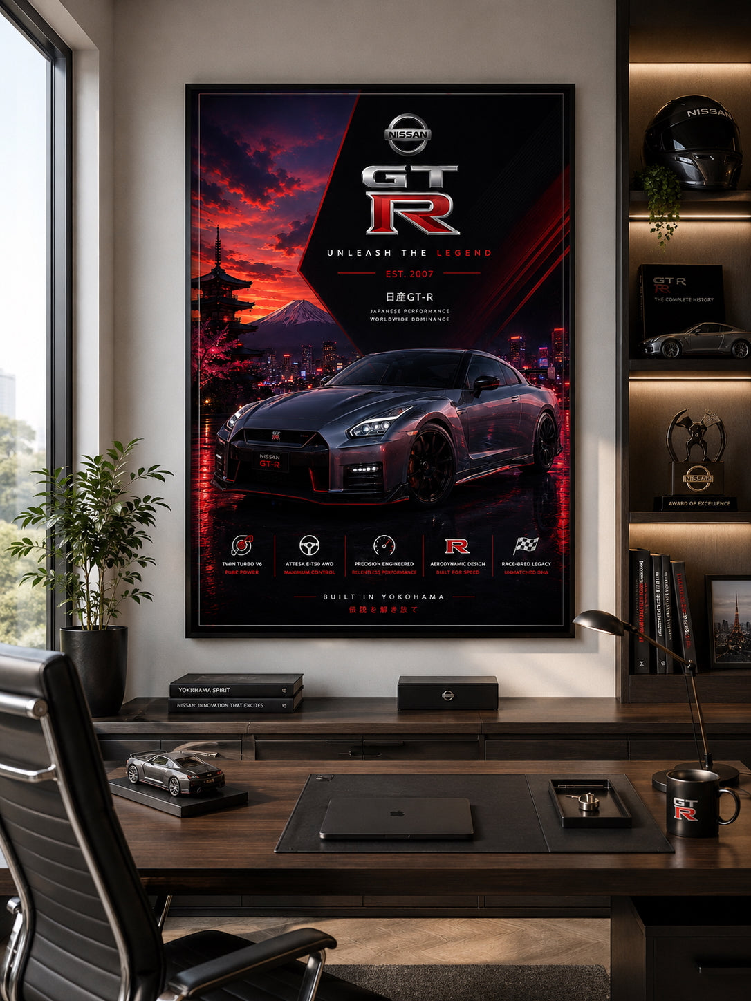 Nissan GT-R Car Poster displayed in a modern home office.