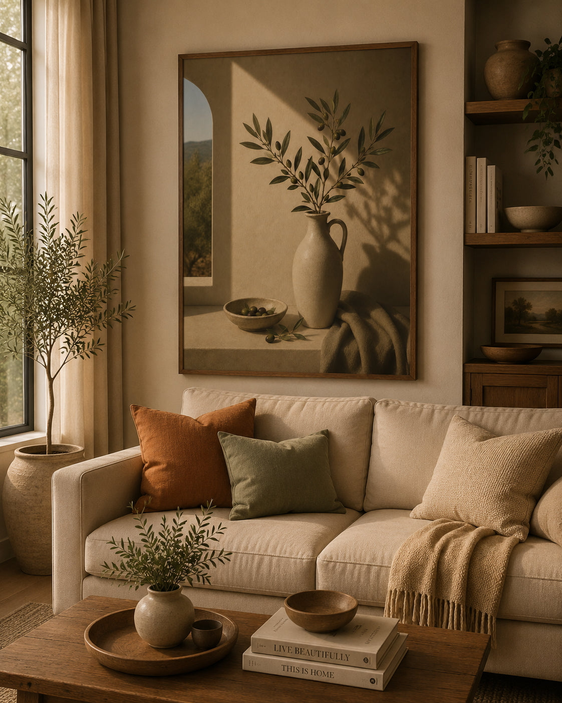 Olive Branch Botanical Poster displayed in a modern living room.