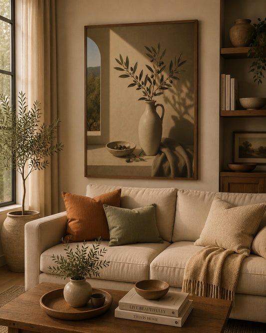 Olive Branch Botanical Poster displayed in a modern living room.