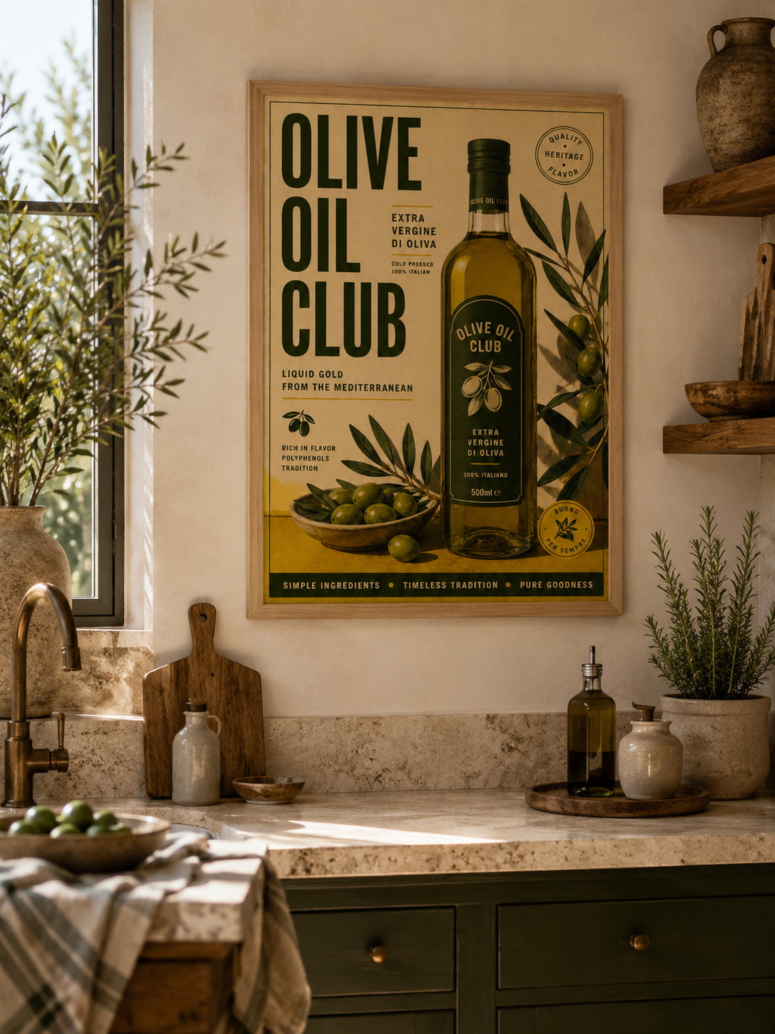 Olive Oil Club Poster displayed in a warm Mediterranean-inspired kitchen with natural wood and olive green accents