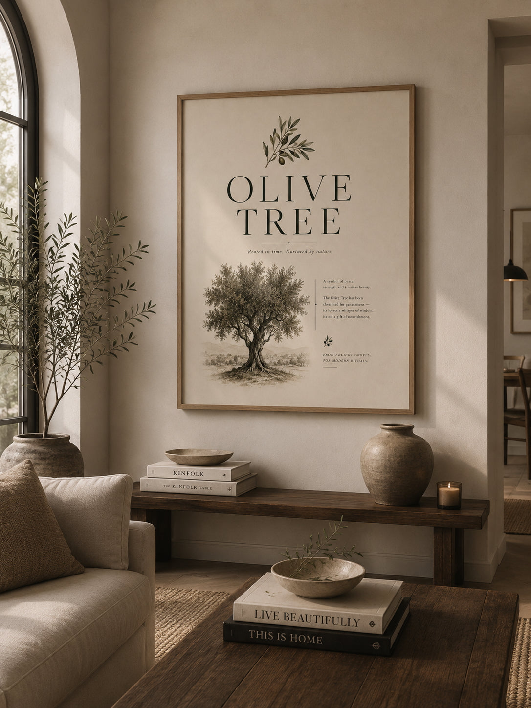 Olive Tree Botanical Poster displayed in a modern living room.