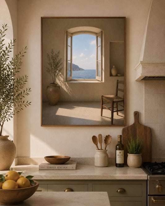 Open Window Poster displayed in a modern kitchen.