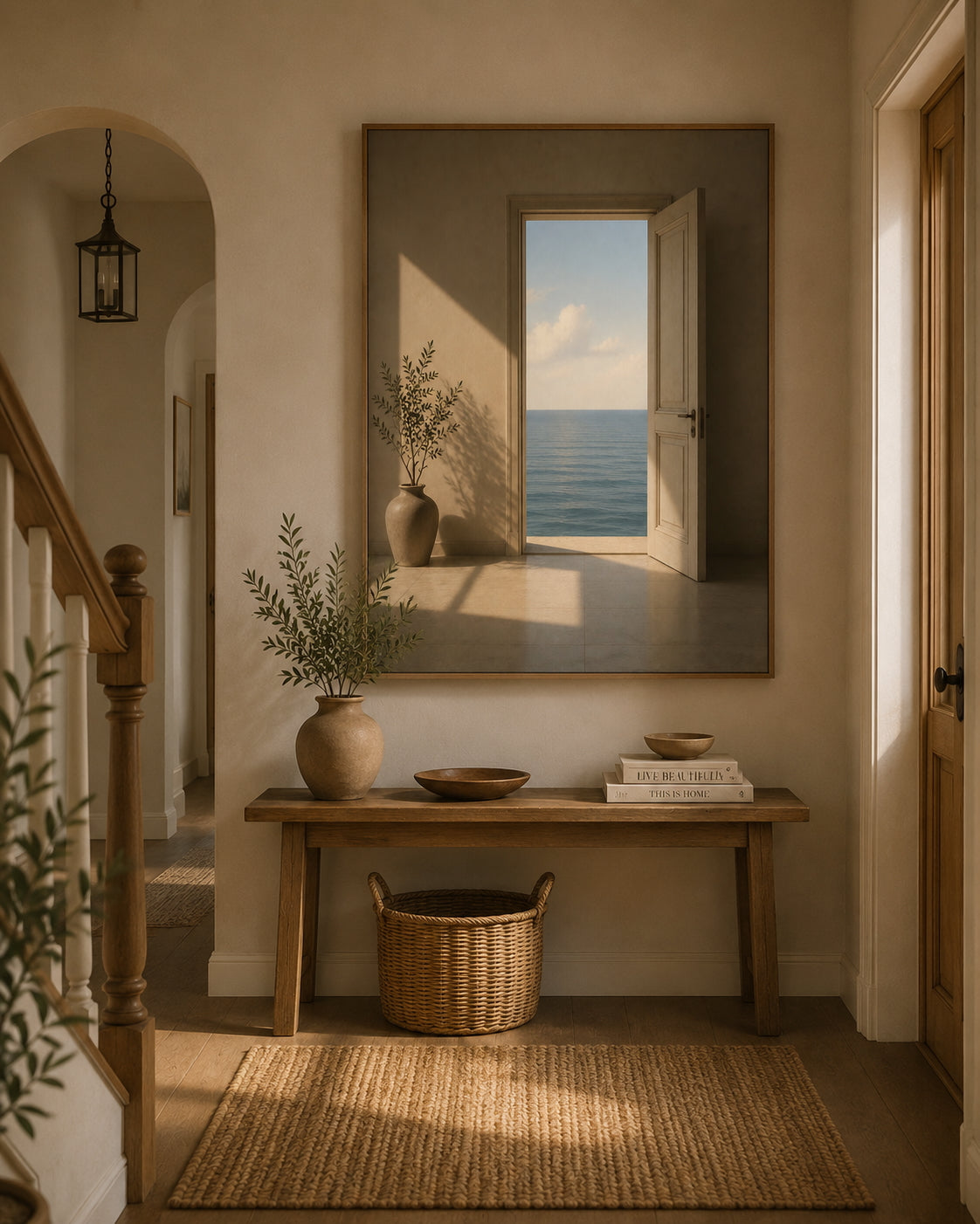 Open Door by the Sea Poster displayed in a modern hallway.