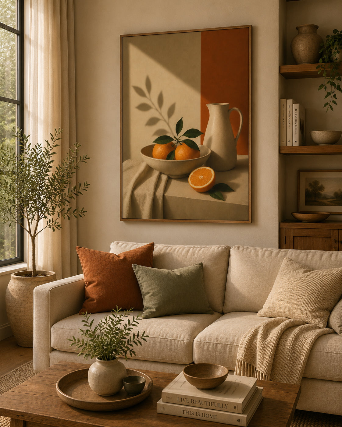 Orange Still Life Poster displayed in a modern living room.
