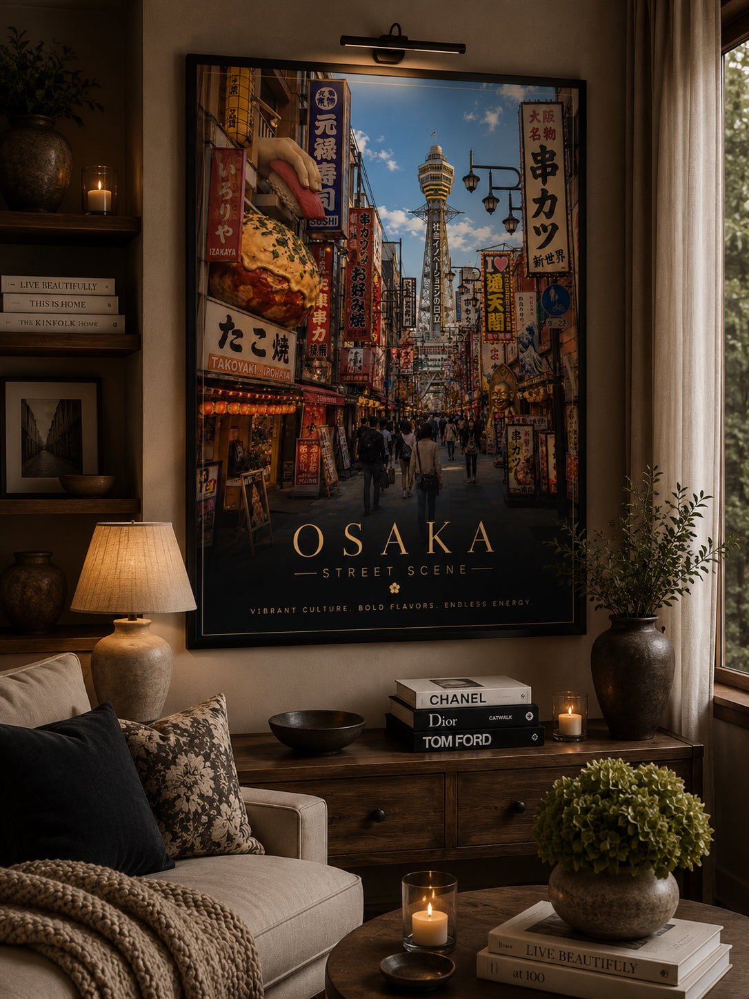 Osaka Travel Poster displayed in a modern living room.