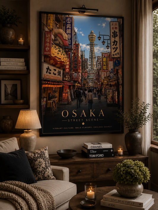 Osaka Travel Poster displayed in a modern living room.