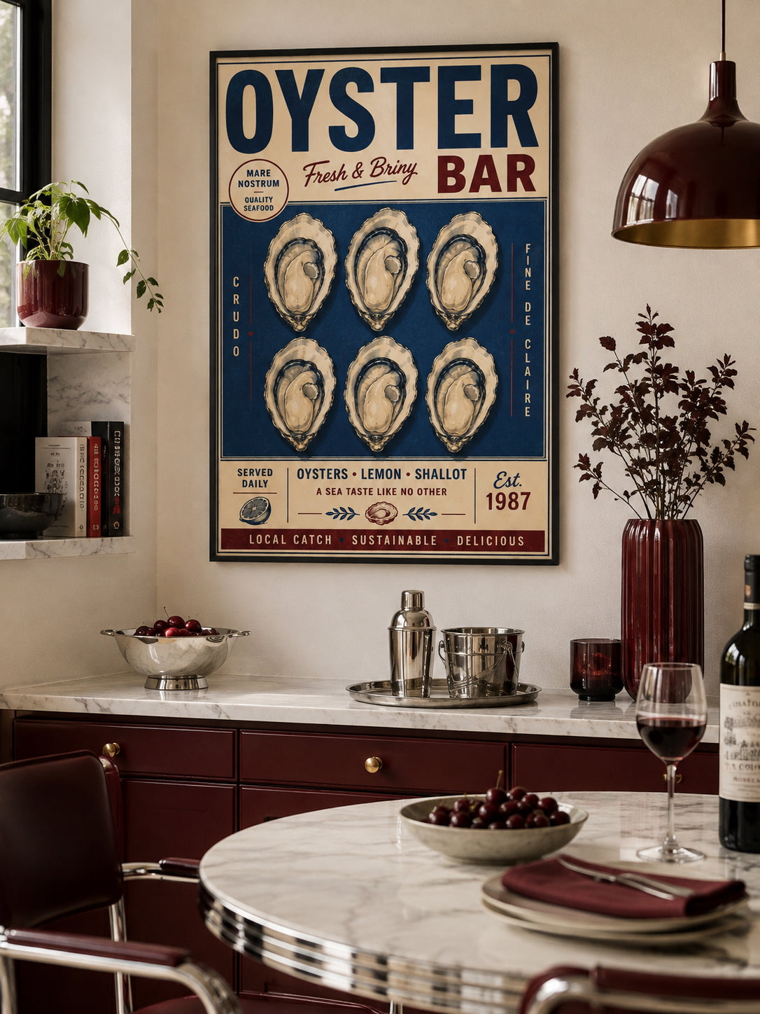 Oyster Bar Poster displayed in an elegant contemporary dining space with navy and burgundy accents