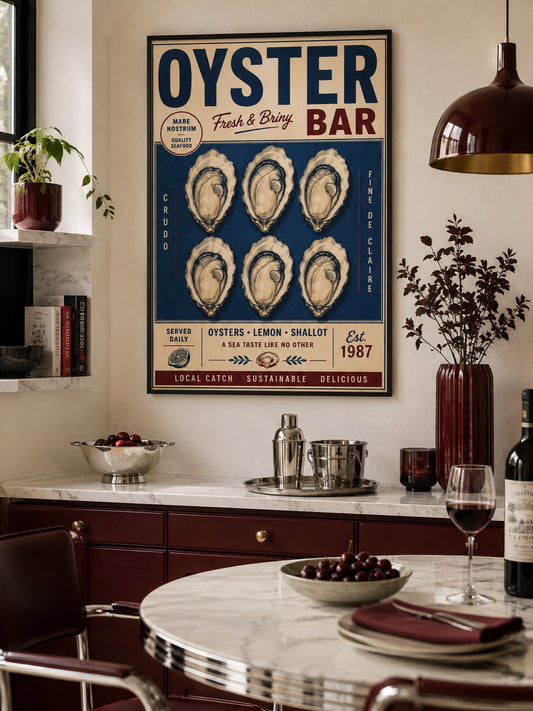 Oyster Bar Poster displayed in an elegant contemporary dining space with navy and burgundy accents