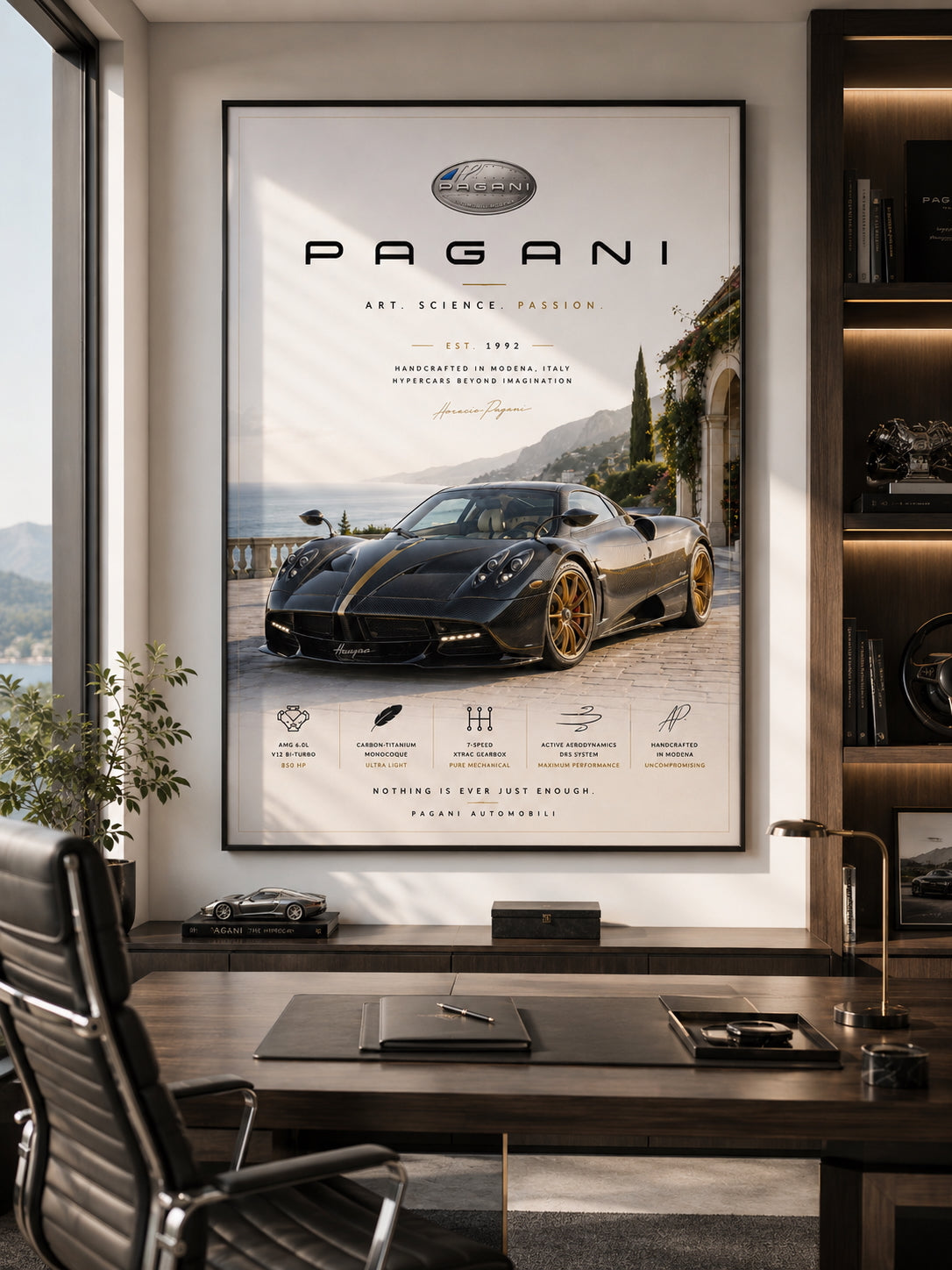 Pagani Car Poster displayed in a modern home office.
