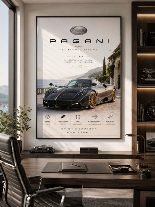 Pagani Car Poster displayed in a modern home office.