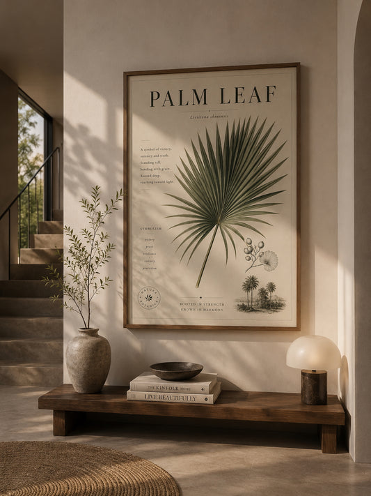 Palm Leaf Botanical Poster displayed in a modern hallway.