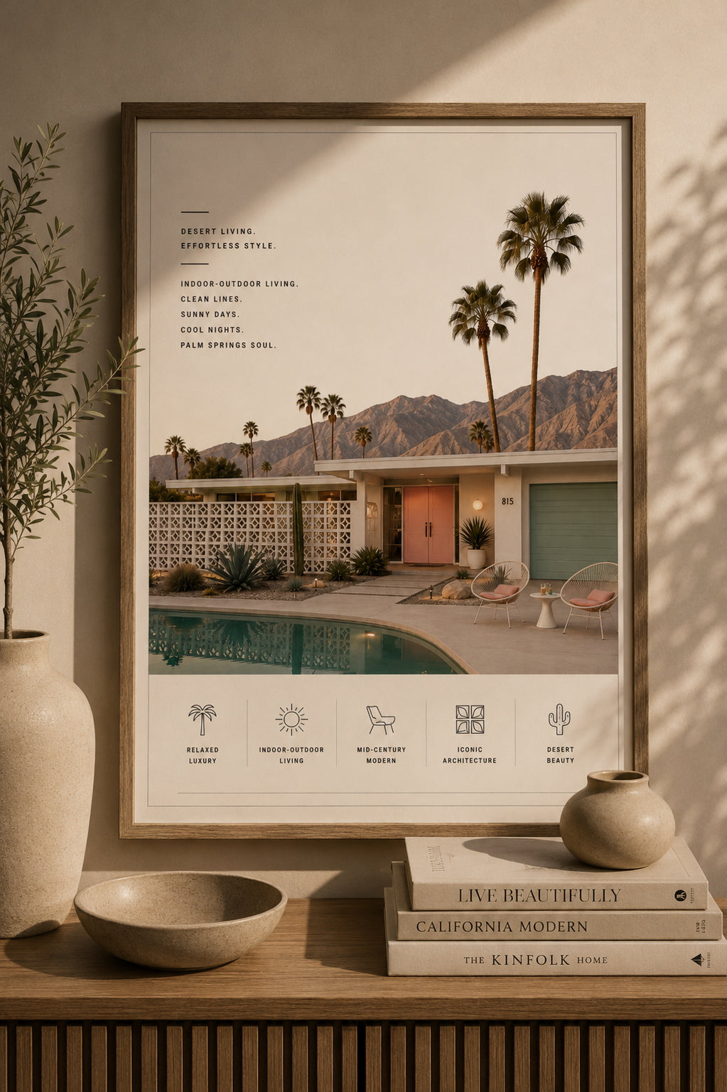 Palm Springs Architecture Poster displayed in a modern living room.