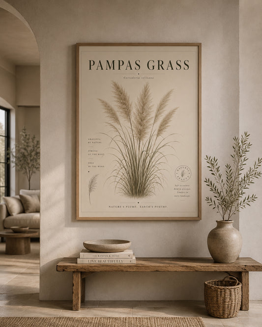 Pampas Grass Botanical Poster displayed in a modern hallway.
