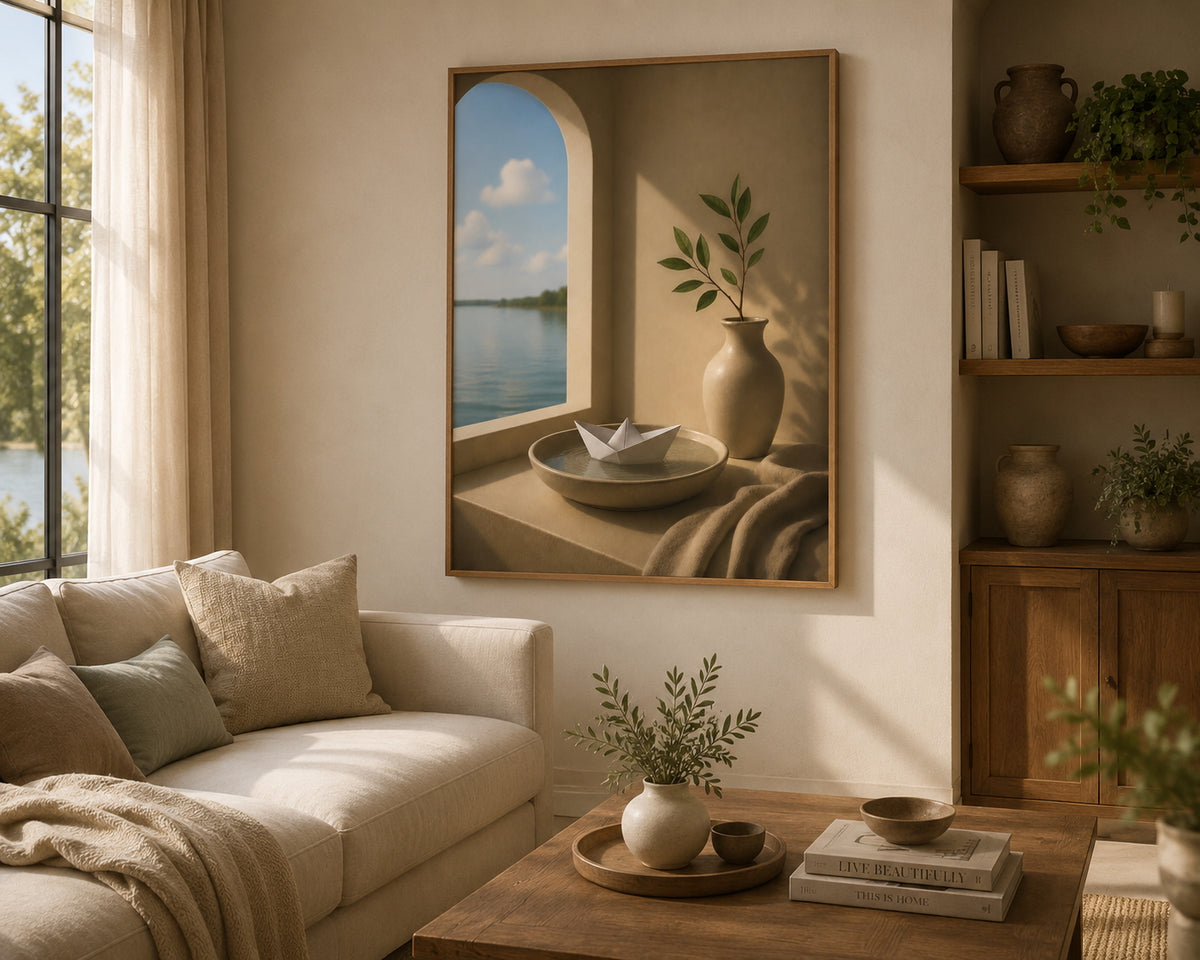 Paper Boat Poster displayed in a modern living room.