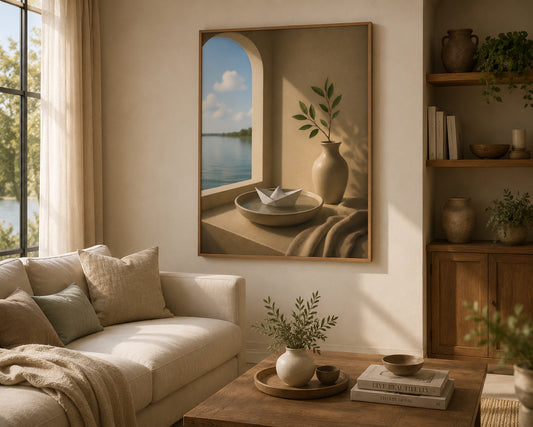 Paper Boat Poster displayed in a modern living room.