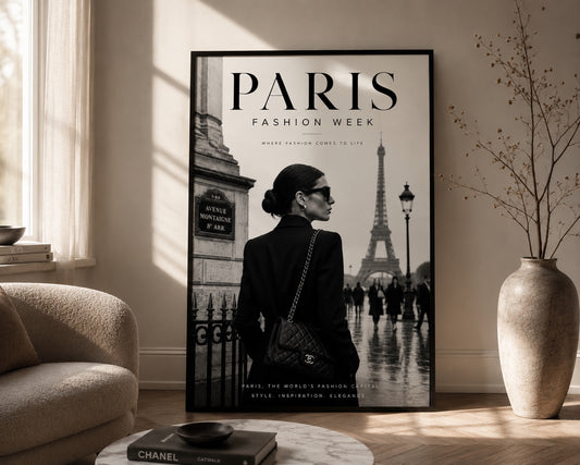 Paris Fashion Week No. 1 Fashion Poster displayed in a modern living room.