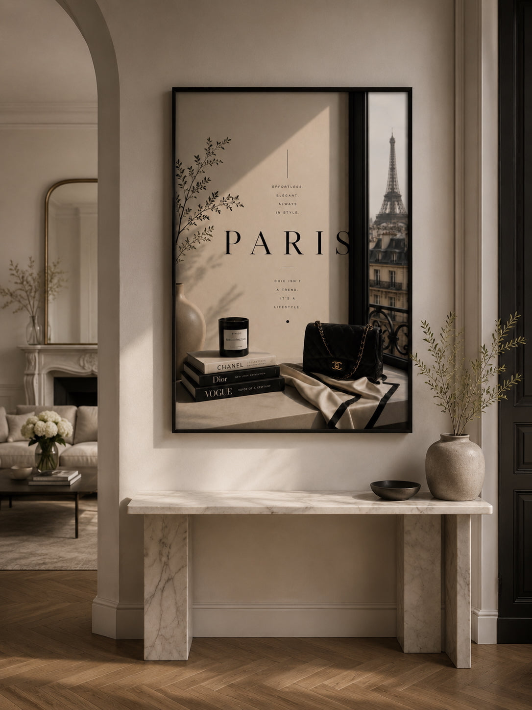 Paris Travel Poster displayed in a modern hallway.