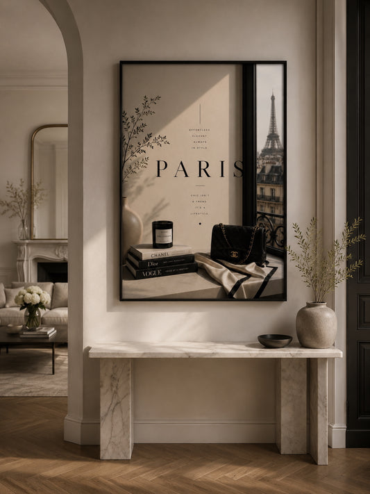Paris Travel Poster displayed in a modern hallway.