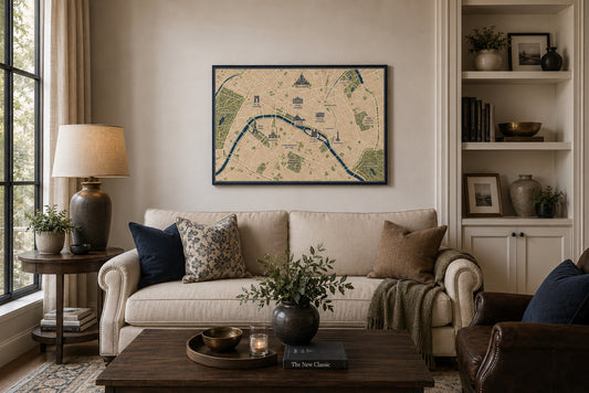 Paris Map Poster displayed in a modern living room.
