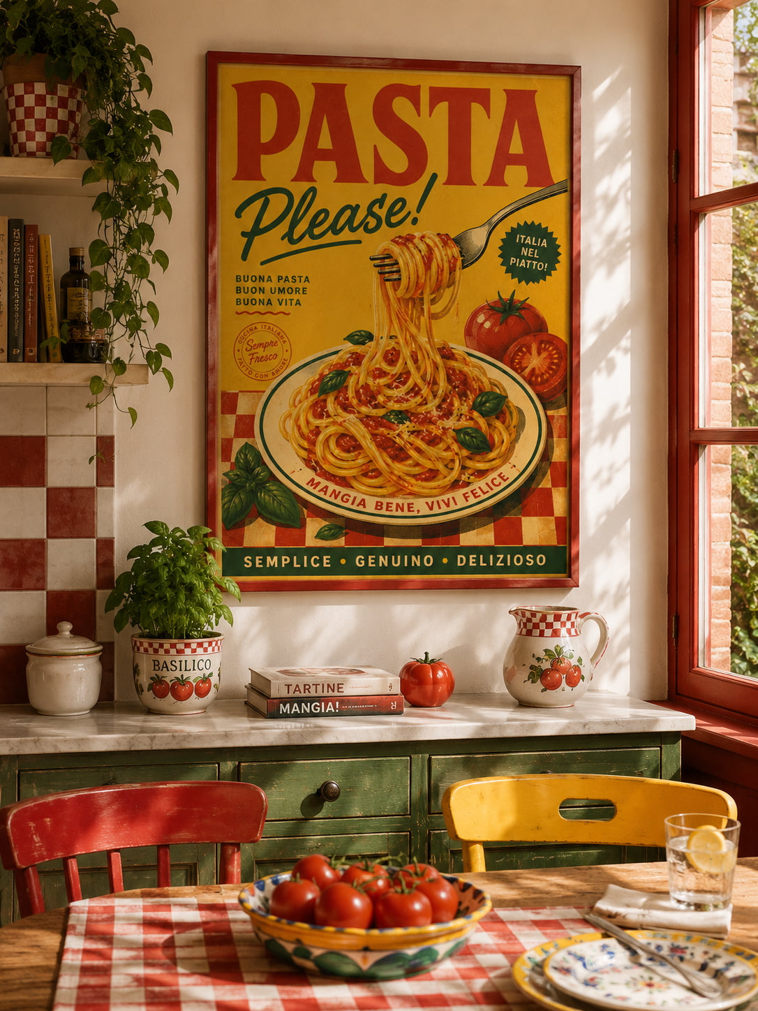 Pasta Please Poster displayed in a colourful Italian-inspired kitchen with warm red, yellow and green accents