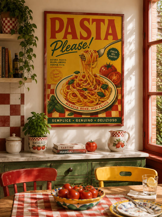 Pasta Please Poster displayed in a colourful Italian-inspired kitchen with warm red, yellow and green accents