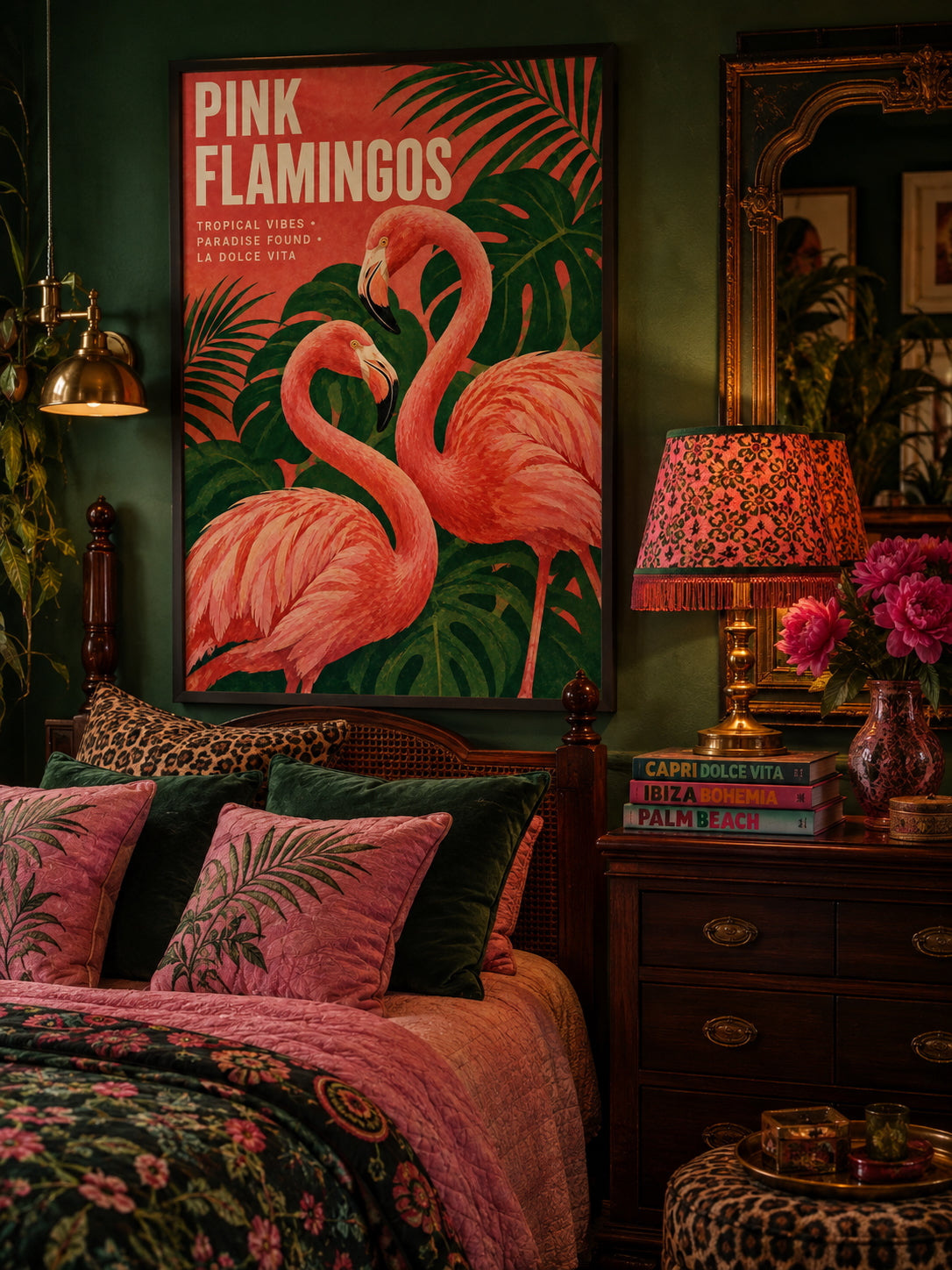 Pink Flamingos Poster displayed in a maximalist bedroom with deep green walls and rich pink accents