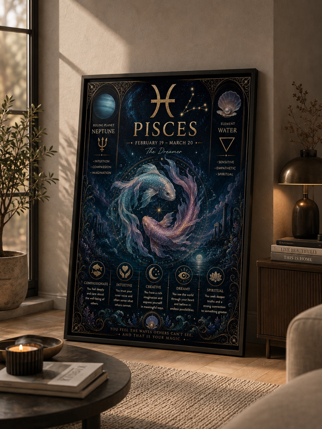 Pisces Zodiac Poster displayed in a modern living room.