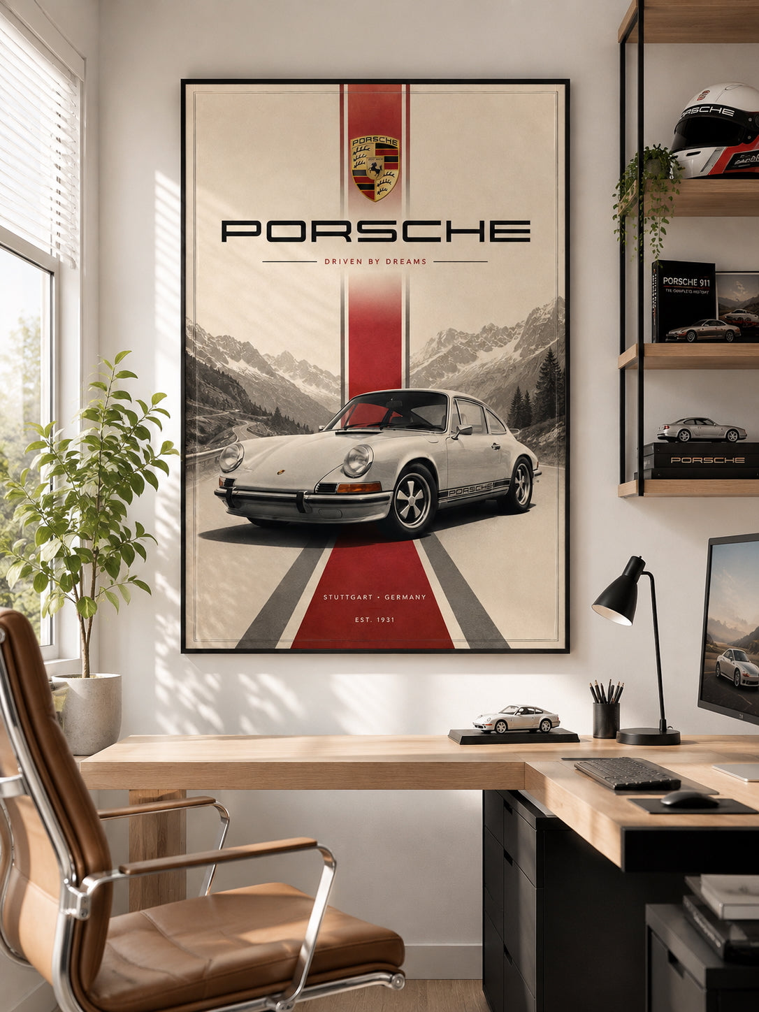 Porsche Car Poster displayed in a modern home office.
