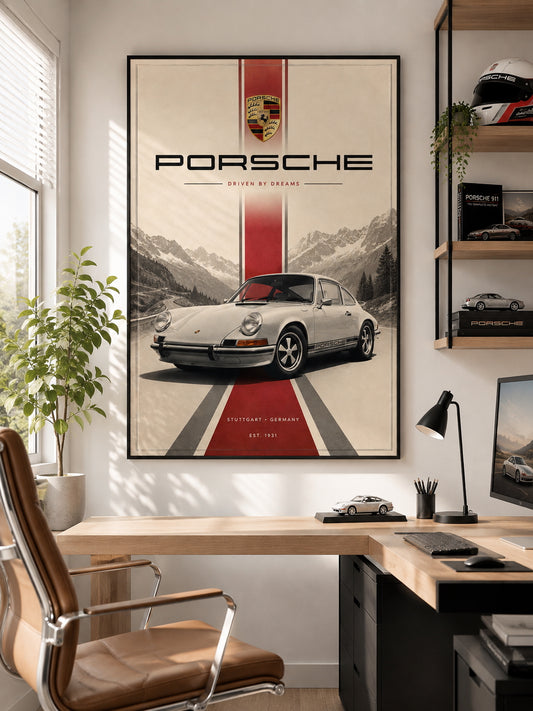 Porsche Car Poster displayed in a modern home office.