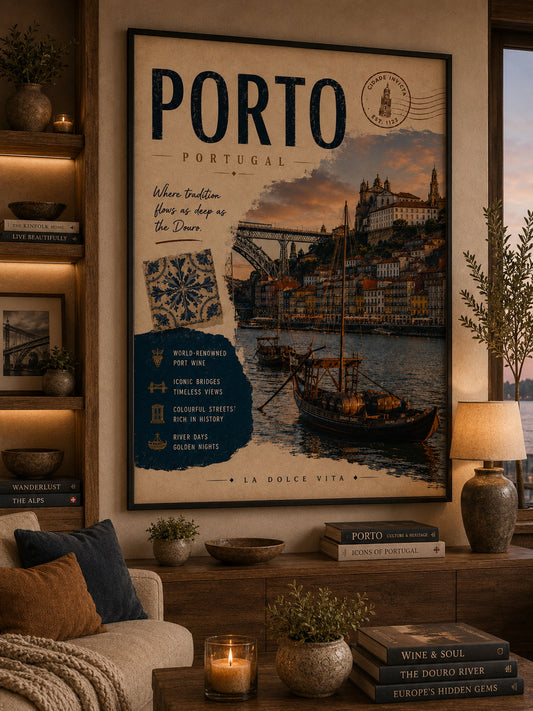 Porto Travel Poster displayed in a modern living room.