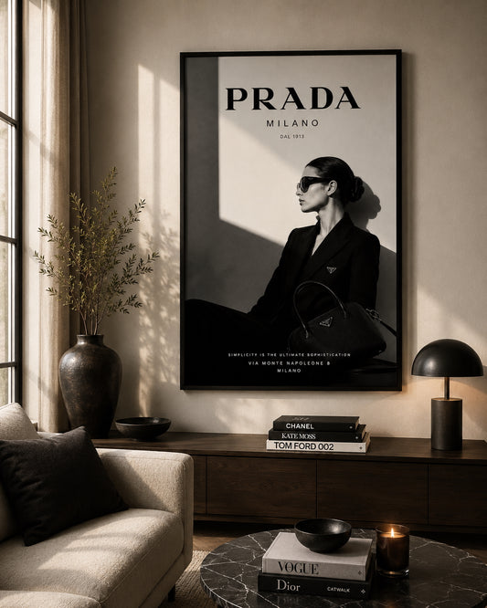 Prada No. 2 Fashion Poster displayed in a modern living room.