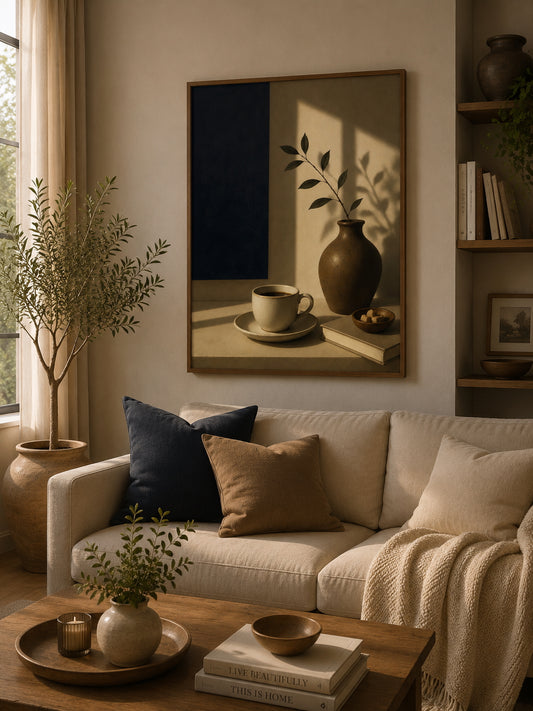 Quiet Coffee Poster displayed in a modern living room.