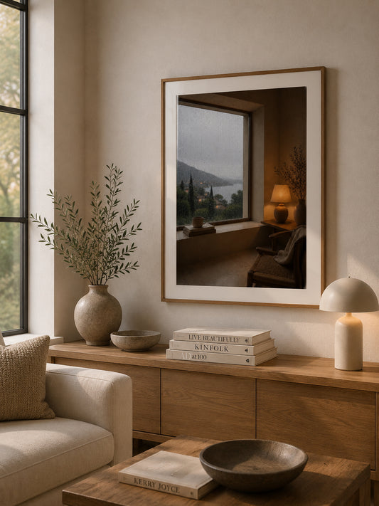 Rainy Window Poster displayed in a modern living room.