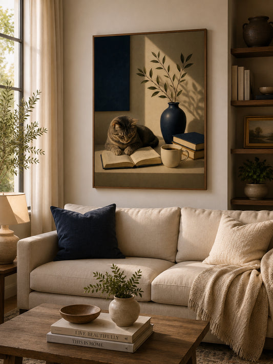 Reading Cat Poster displayed in a modern living room.
