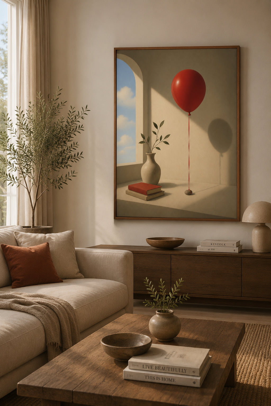 Red Balloon Poster displayed in a modern living room.