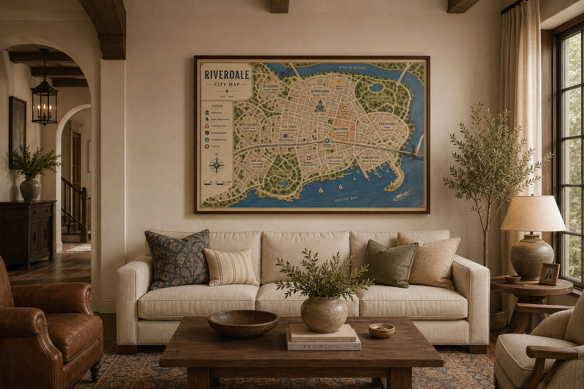 Riverdale Map Poster displayed in a modern living room.