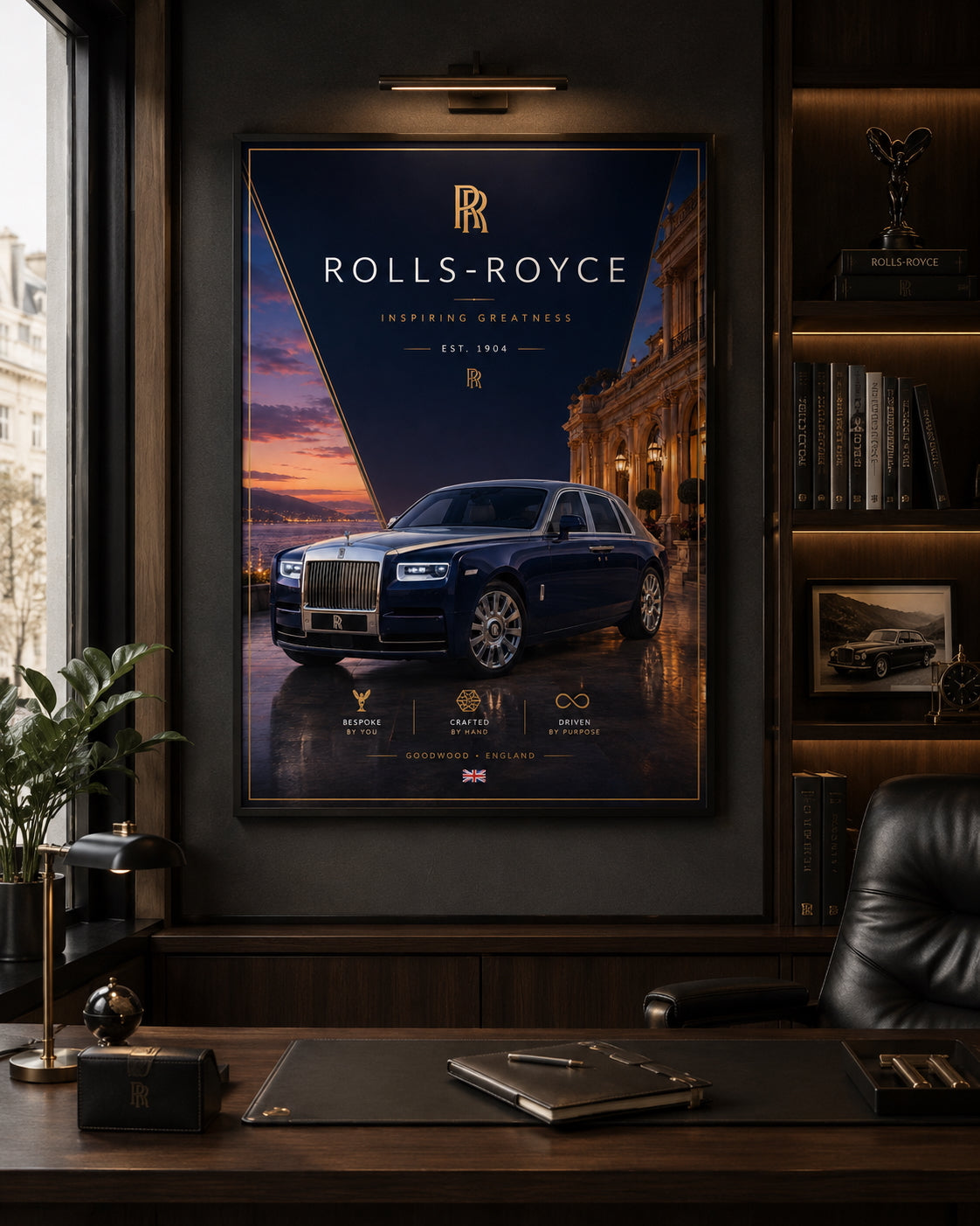 Rolls-Royce Car Poster displayed in a modern home office.