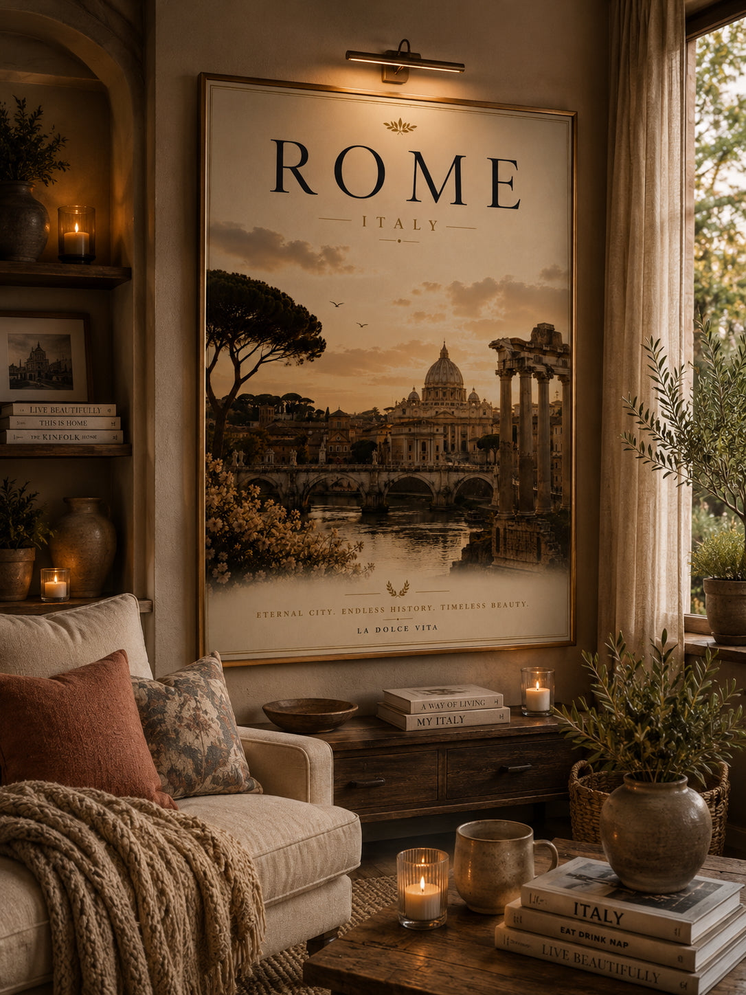 Rome Travel Poster displayed in a modern living room.