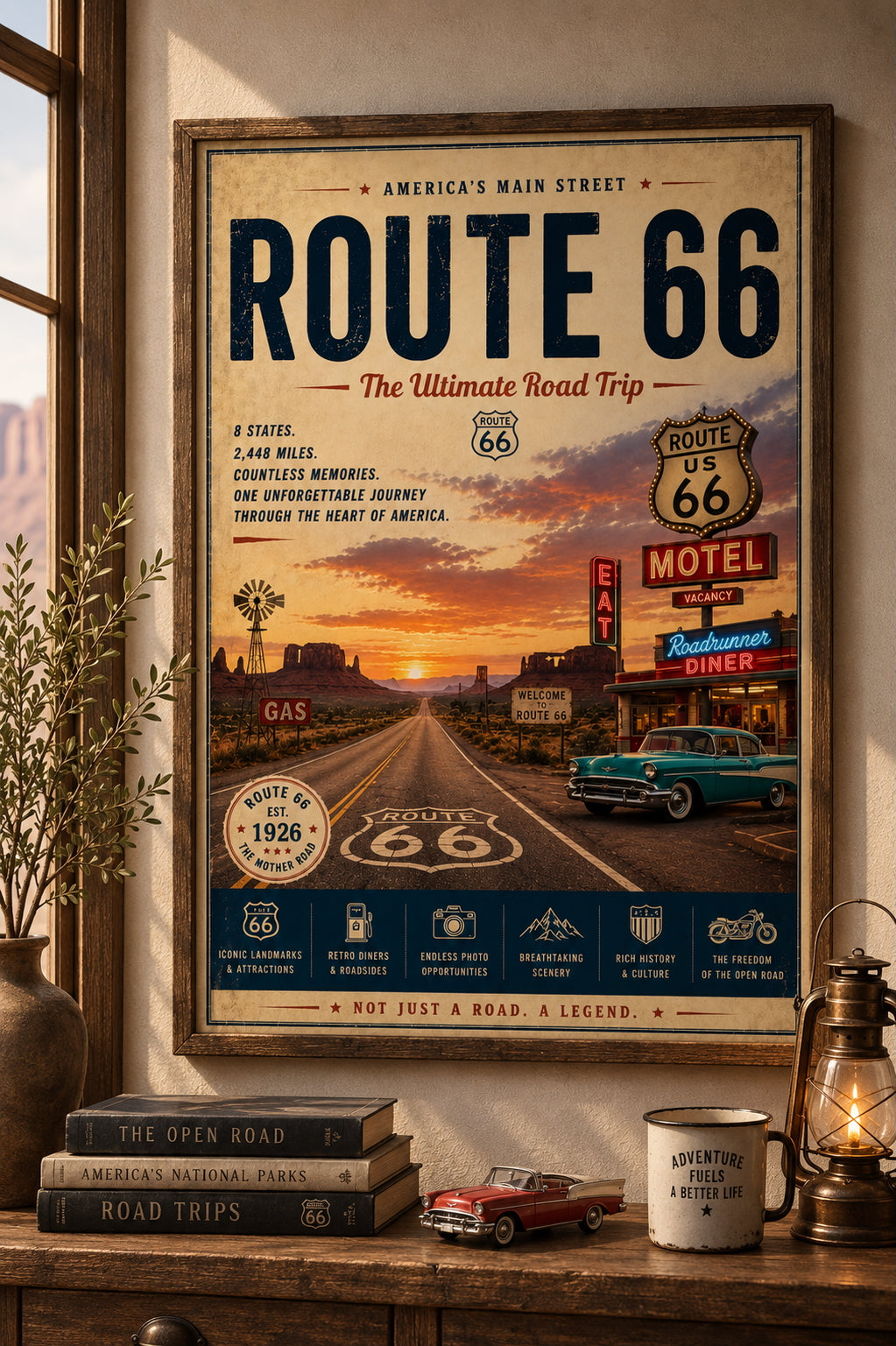 Route 66 Travel Poster displayed in a modern living room.