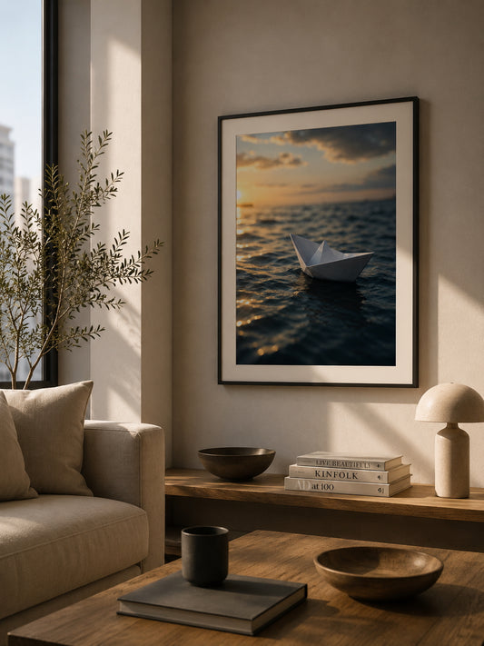 Sailing Paper Boat Poster displayed in a modern living room.