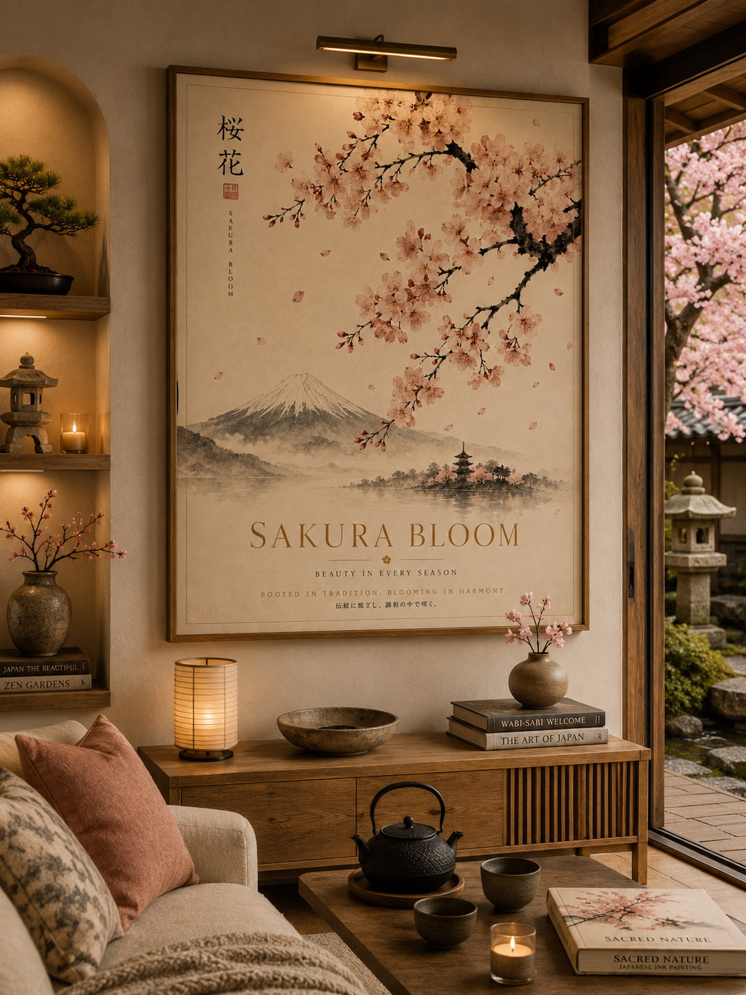 Sakura Bloom Travel Poster displayed in a modern living room.