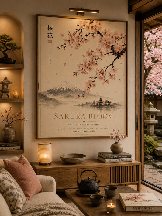 Sakura Bloom Travel Poster displayed in a modern living room.