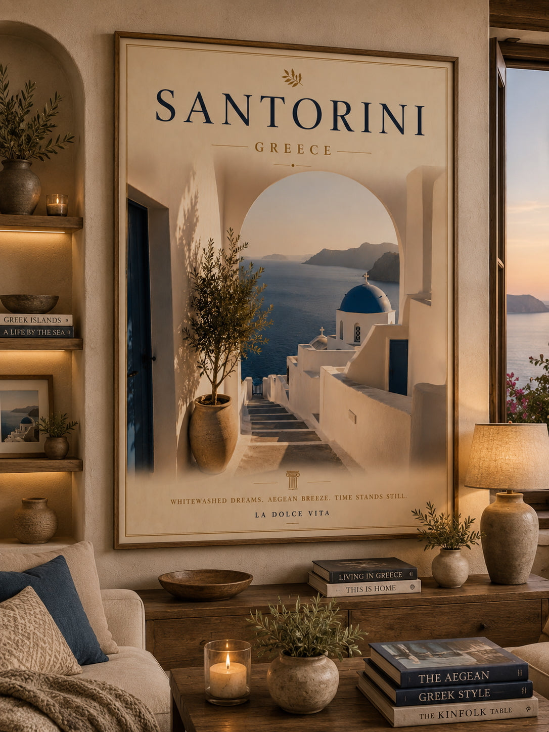 Santorini Travel Poster displayed in a modern living room.