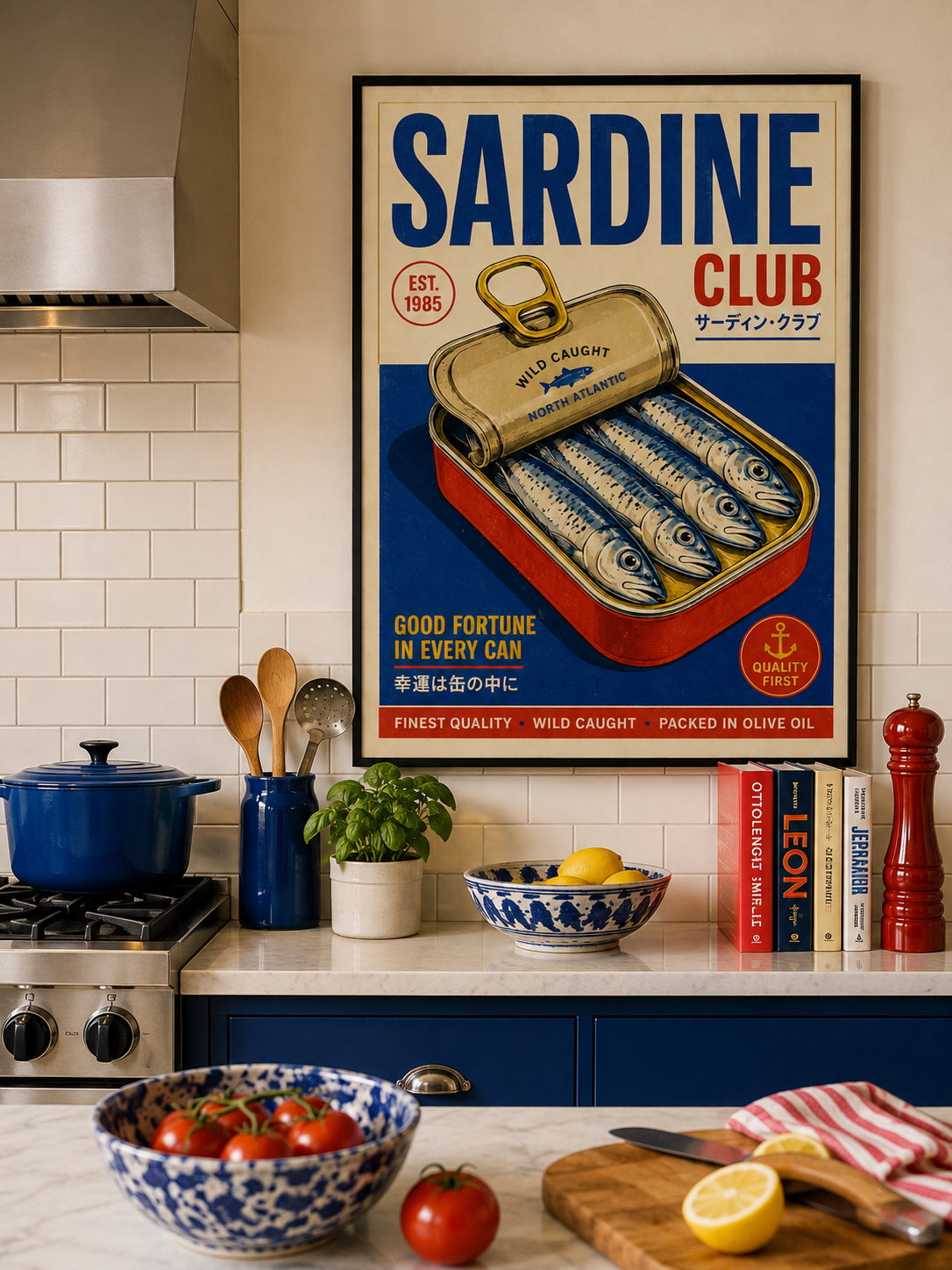 Sardine Club Poster displayed in a contemporary kitchen with bold blue and red accents