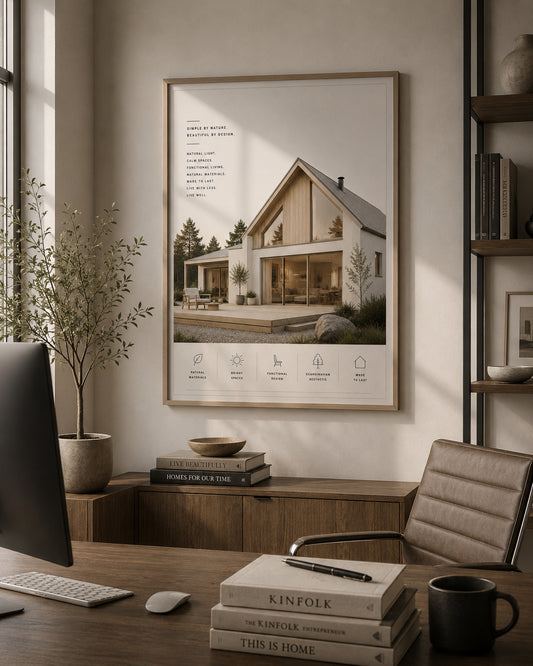 Scandinavian House Poster displayed in a modern office.