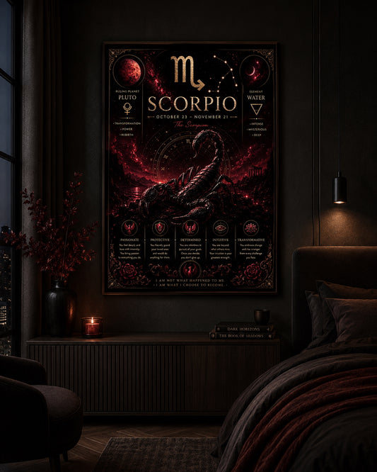 Scorpio Zodiac Poster displayed in a modern bedroom.