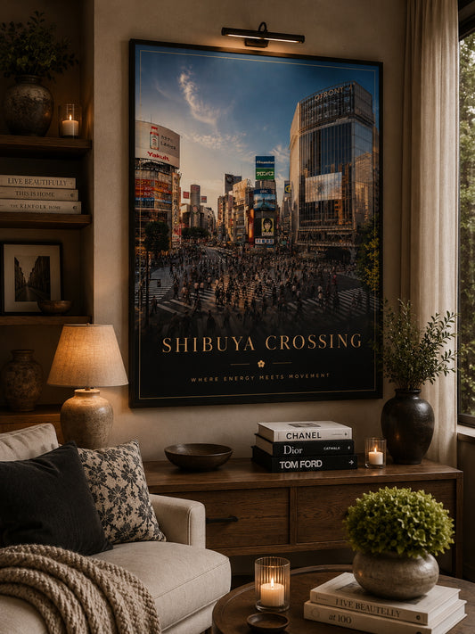 Shibuya Crossing Travel Poster displayed in a modern living room.