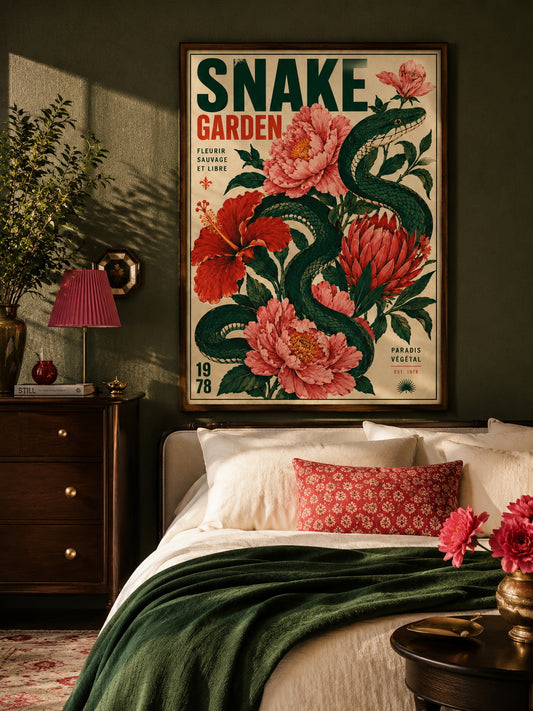 Snake Garden Poster displayed in a dark green contemporary bedroom